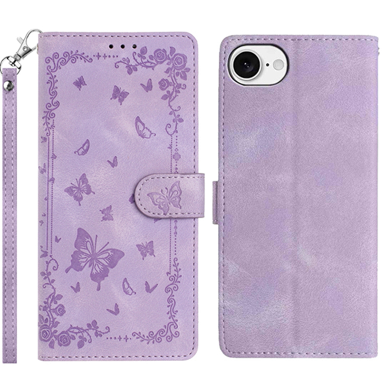 For iPhone 16e Case Garden Imprinted PU Leather Wallet Phone Cover with Wrist Strap - Purple