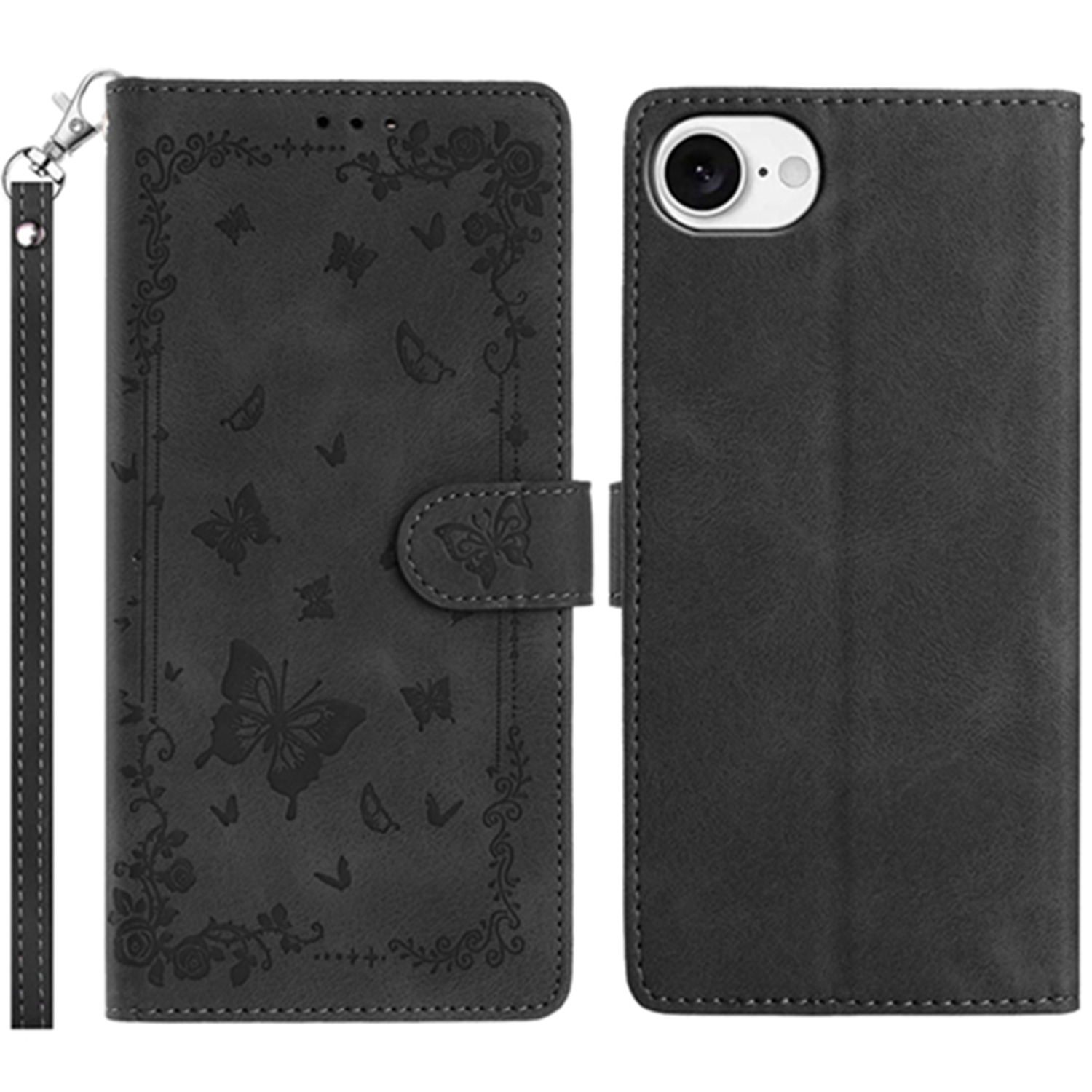 For iPhone 16e Case Garden Imprinted PU Leather Wallet Phone Cover with Wrist Strap - Black