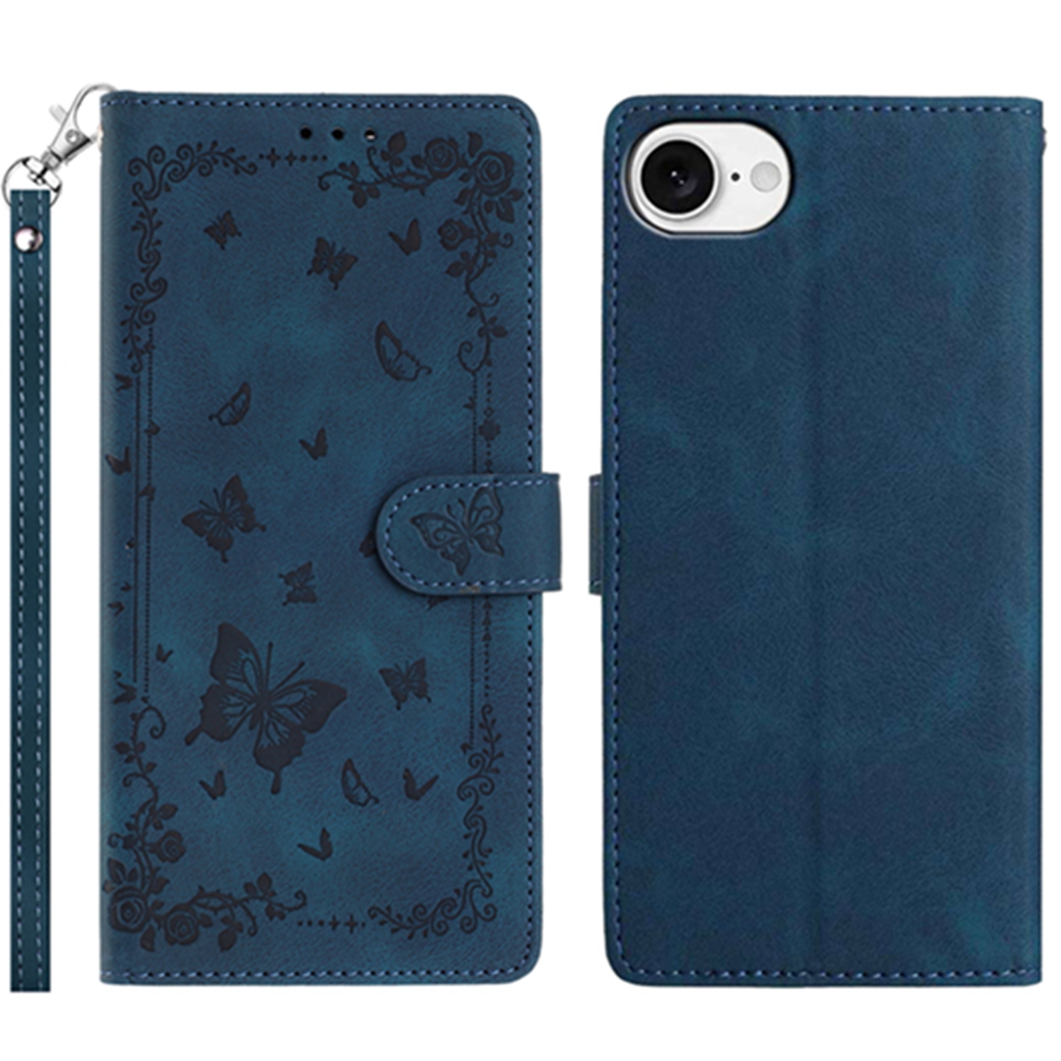 For iPhone 16e Case Garden Imprinted PU Leather Wallet Phone Cover with Wrist Strap - Dark Blue