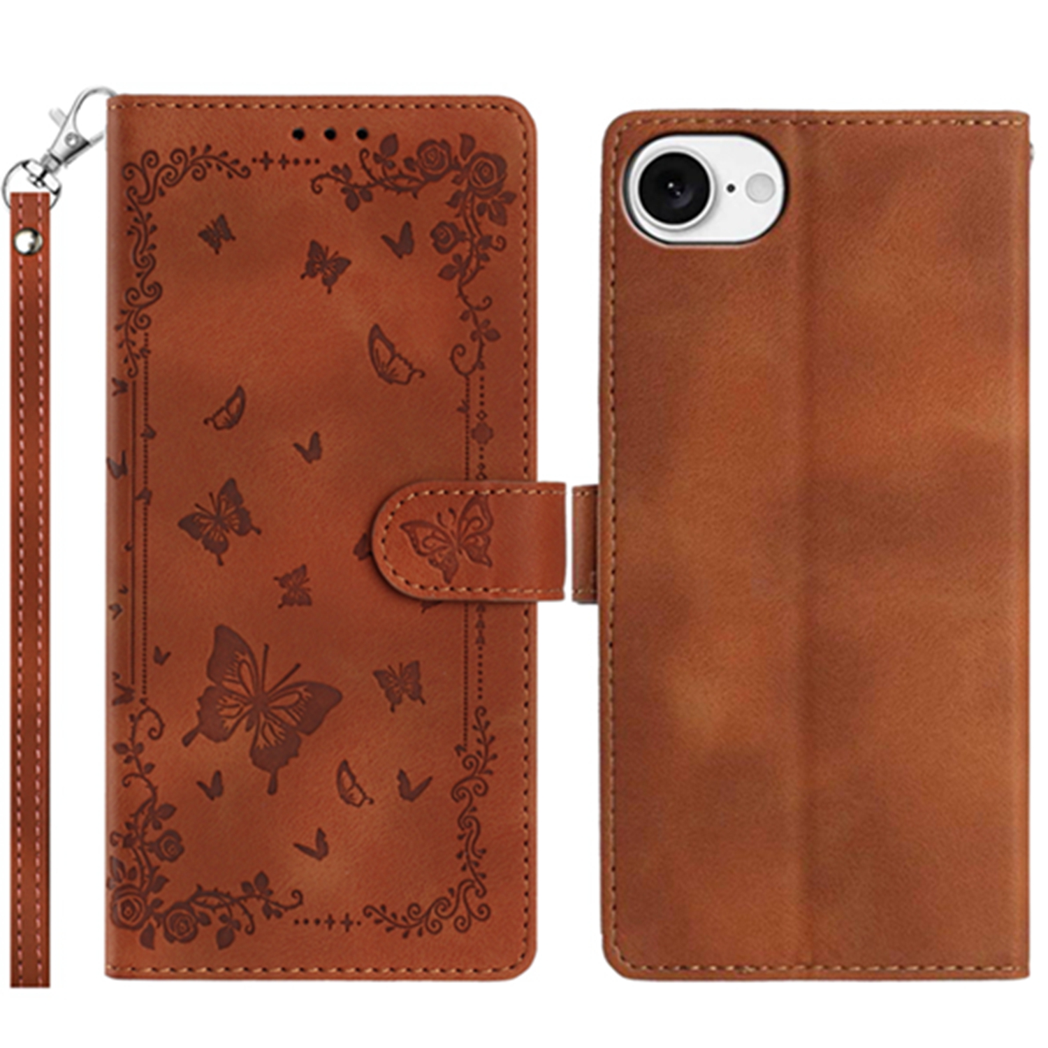 For iPhone 16e Case Garden Imprinted PU Leather Wallet Phone Cover with Wrist Strap - Brown