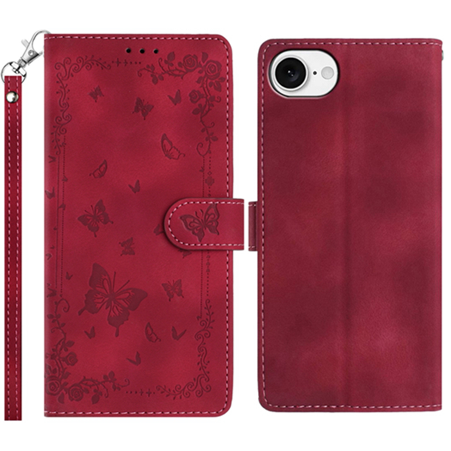For iPhone 16e Case Garden Imprinted PU Leather Wallet Phone Cover with Wrist Strap - Dark Red