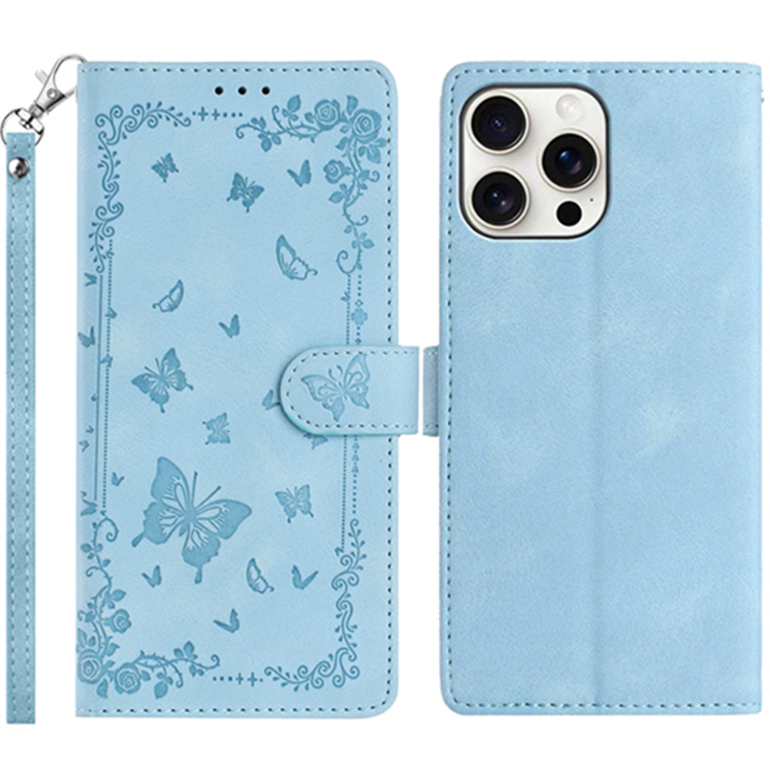 For iPhone 16 Pro Case Garden Imprinted PU Leather Wallet Phone Cover with Wrist Strap - Baby Blue