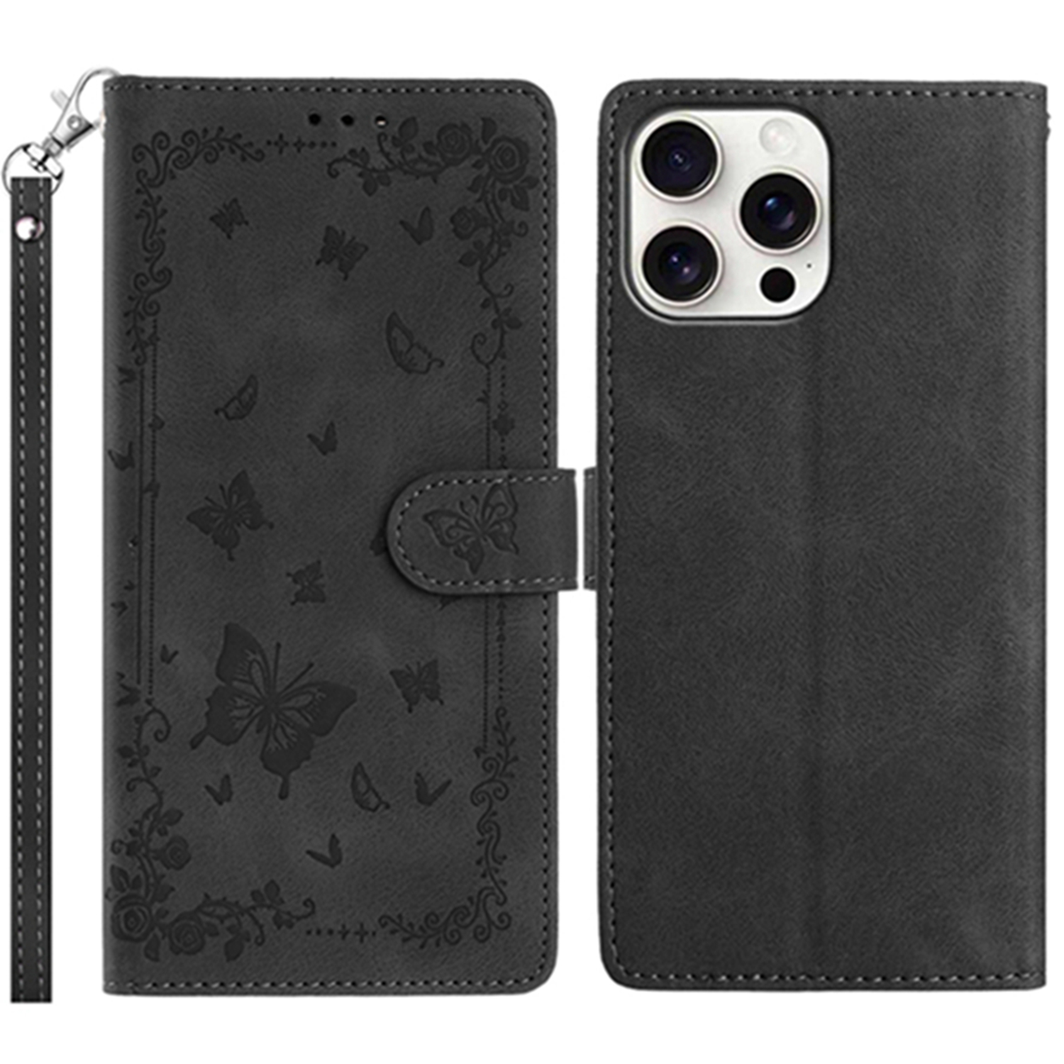 For iPhone 16 Pro Case Garden Imprinted PU Leather Wallet Phone Cover with Wrist Strap - Black