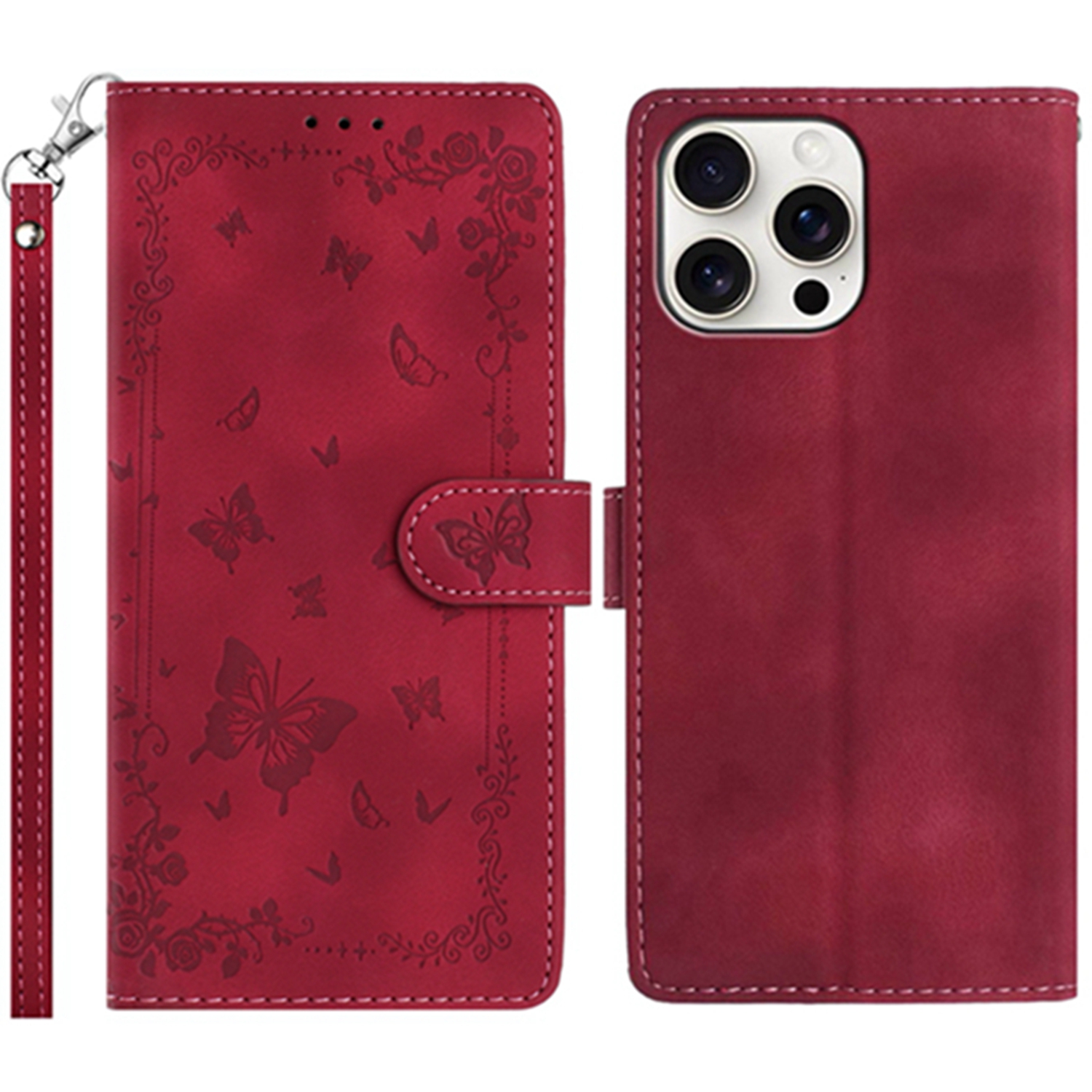 For iPhone 16 Pro Case Garden Imprinted PU Leather Wallet Phone Cover with Wrist Strap - Dark Red