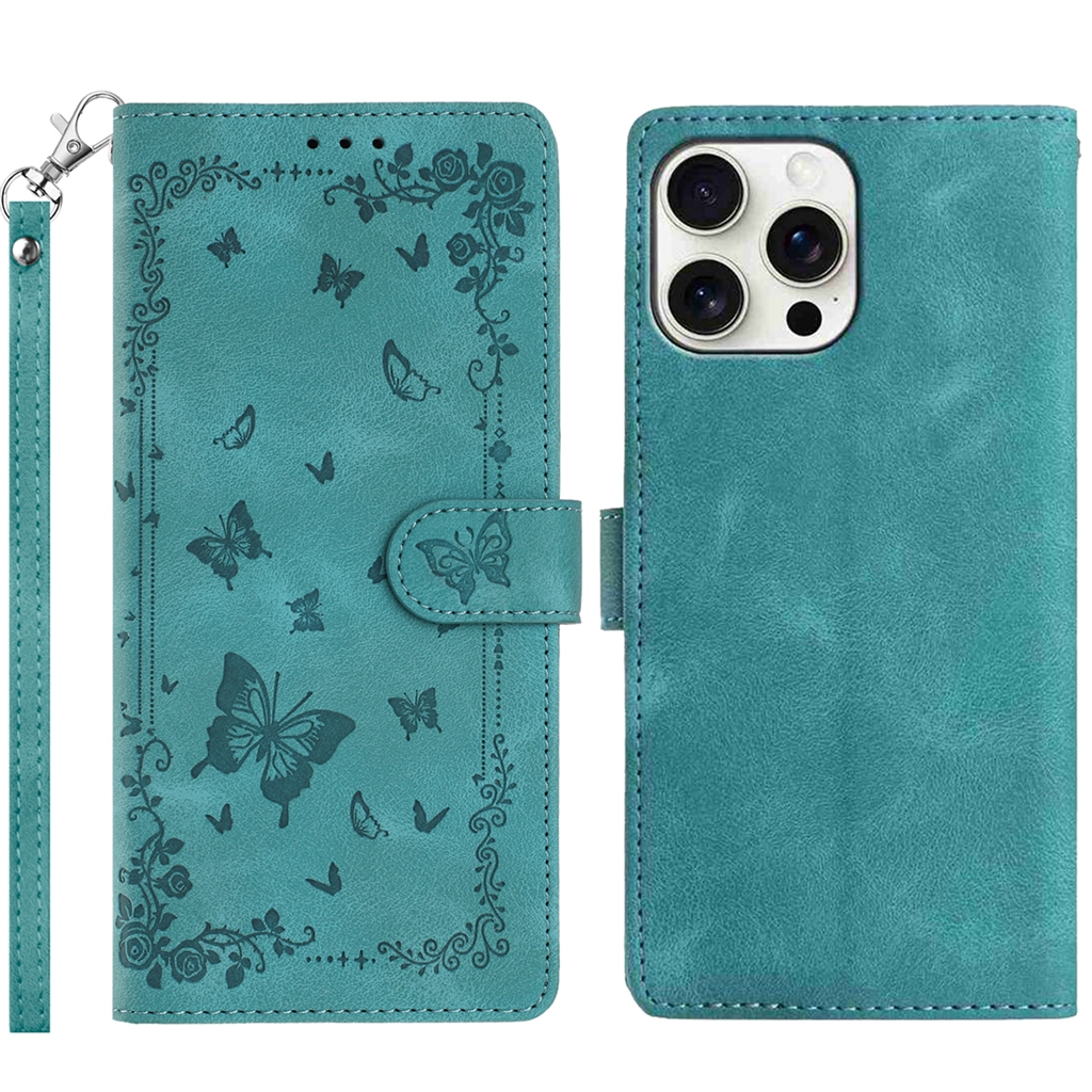 For iPhone 16 Pro Max Case Garden Imprinted PU Leather Wallet Phone Cover with Wrist Strap - Green