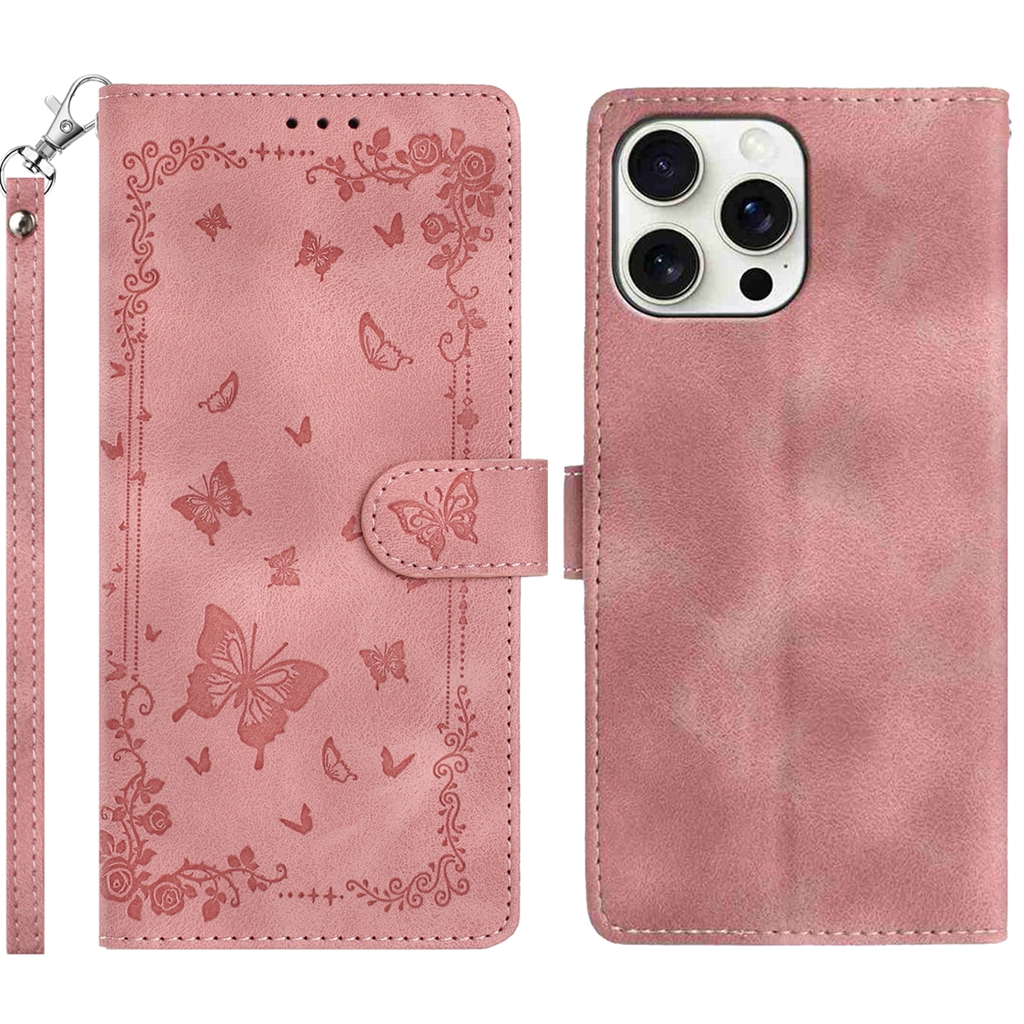 For iPhone 16 Pro Max Case Garden Imprinted PU Leather Wallet Phone Cover with Wrist Strap - Pink