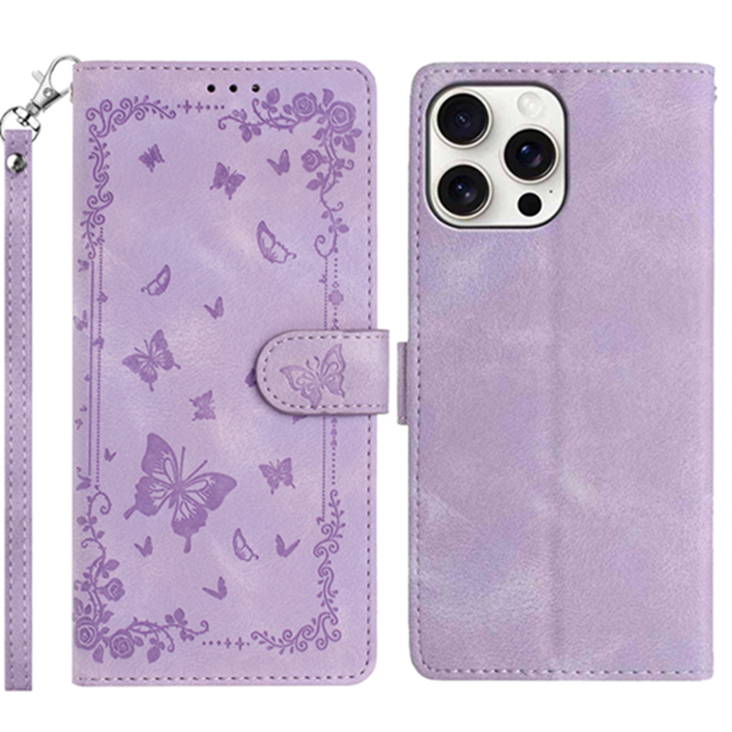 For iPhone 16 Pro Max Case Garden Imprinted PU Leather Wallet Phone Cover with Wrist Strap - Purple