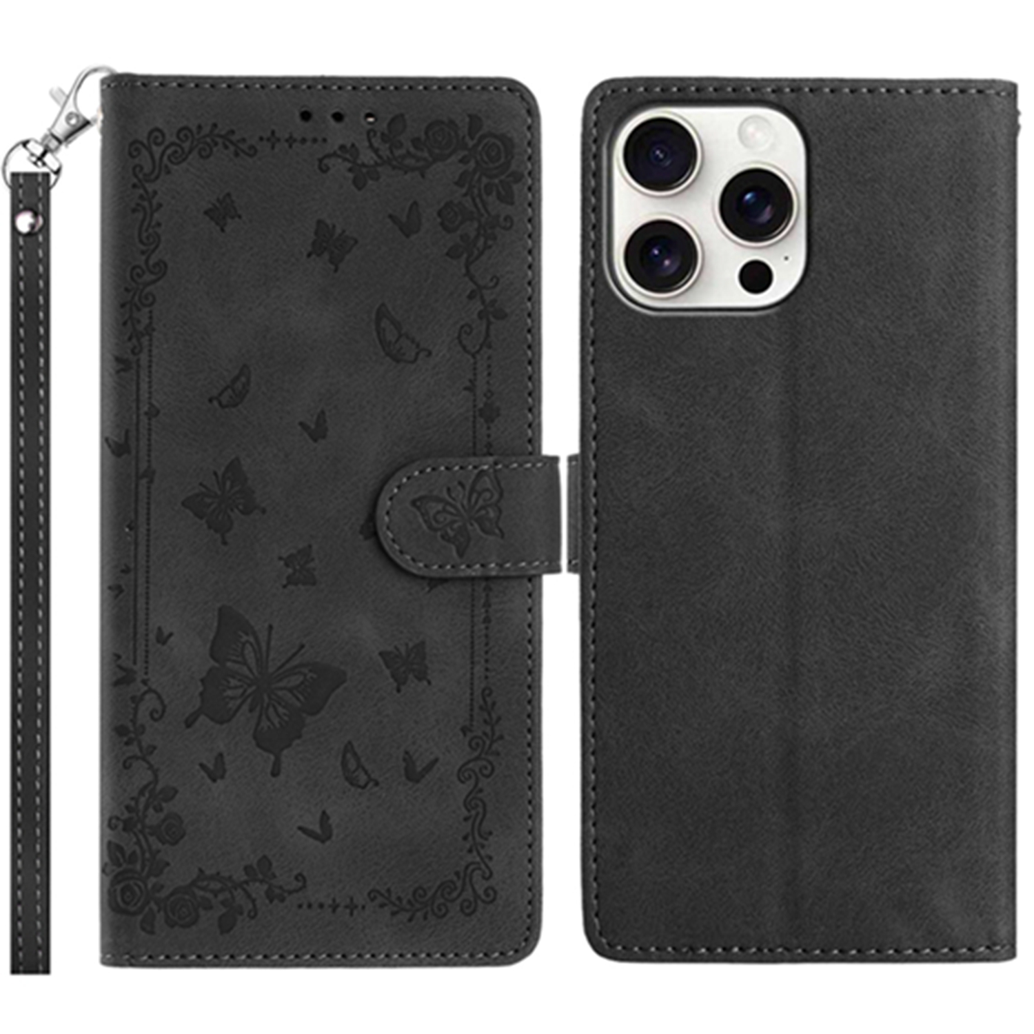 For iPhone 16 Pro Max Case Garden Imprinted PU Leather Wallet Phone Cover with Wrist Strap - Black