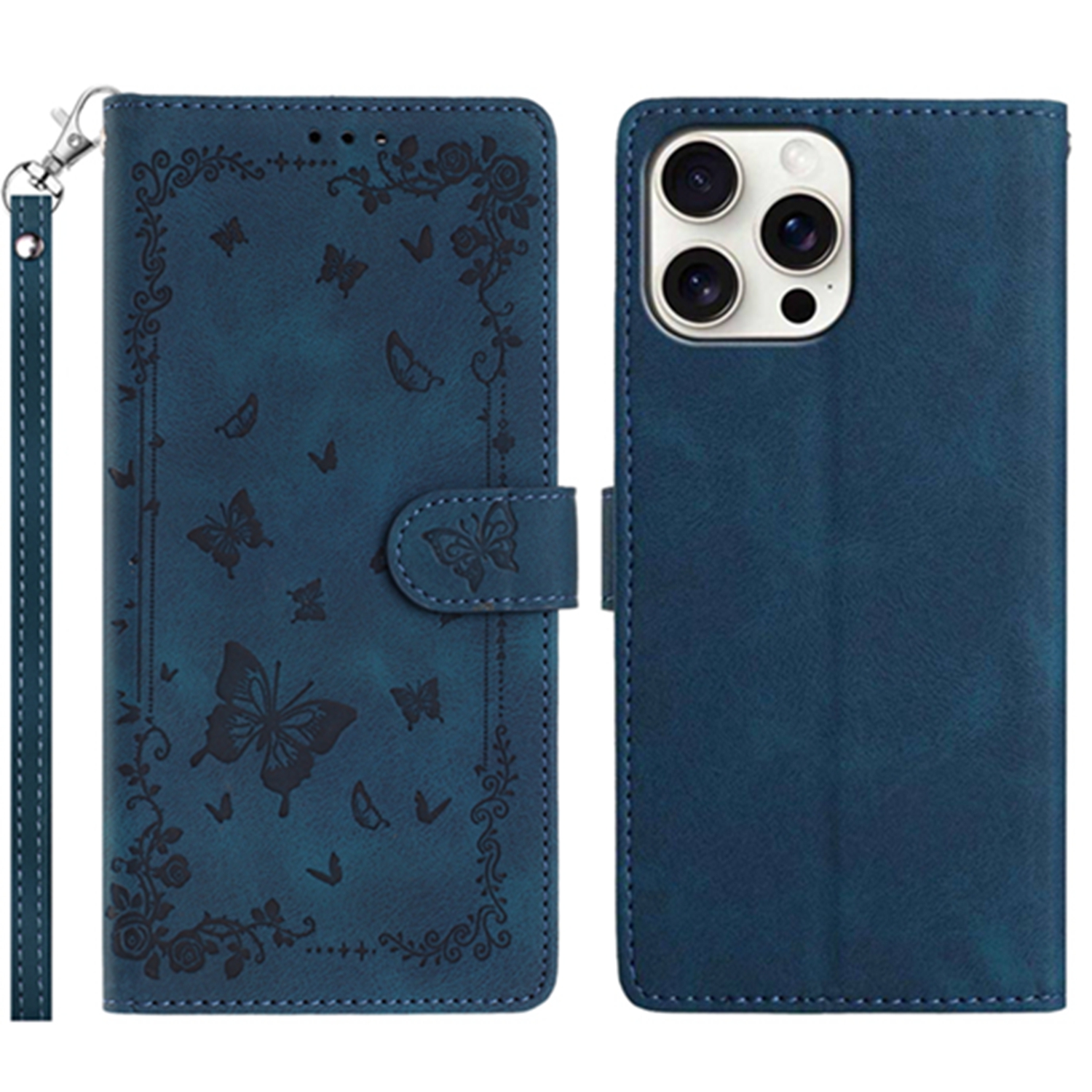 For iPhone 16 Pro Max Case Garden Imprinted PU Leather Wallet Phone Cover with Wrist Strap - Dark Blue