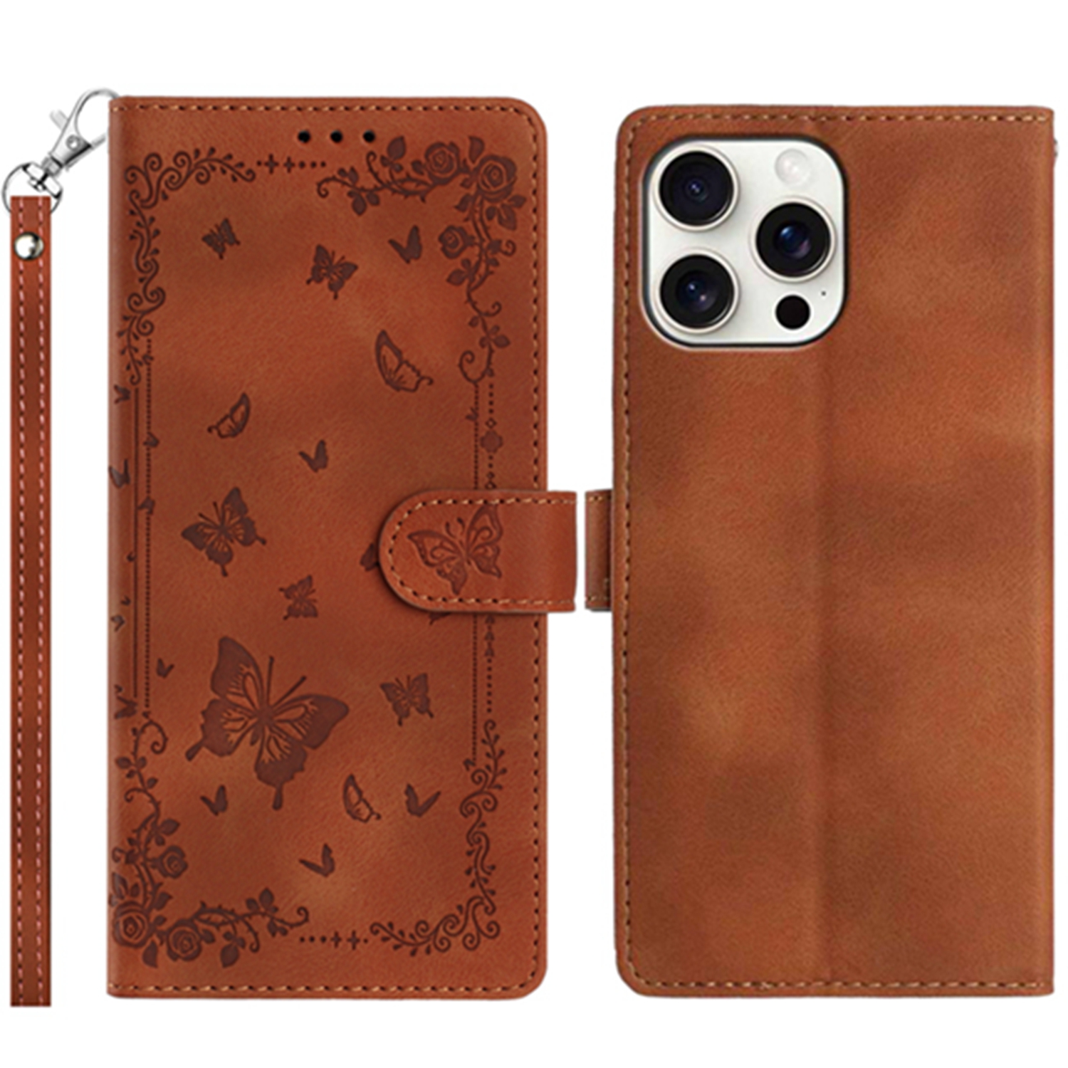 For iPhone 16 Pro Max Case Garden Imprinted PU Leather Wallet Phone Cover with Wrist Strap - Brown