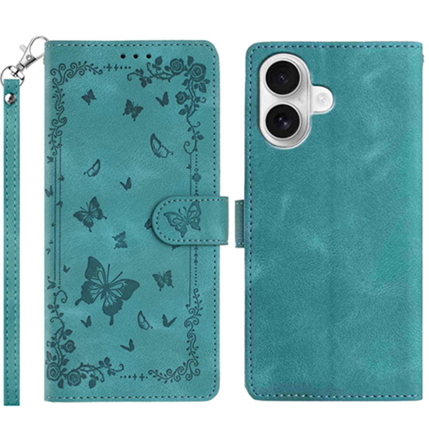 For iPhone 16 Plus Case Garden Imprinted PU Leather Wallet Phone Cover with Wrist Strap - Green