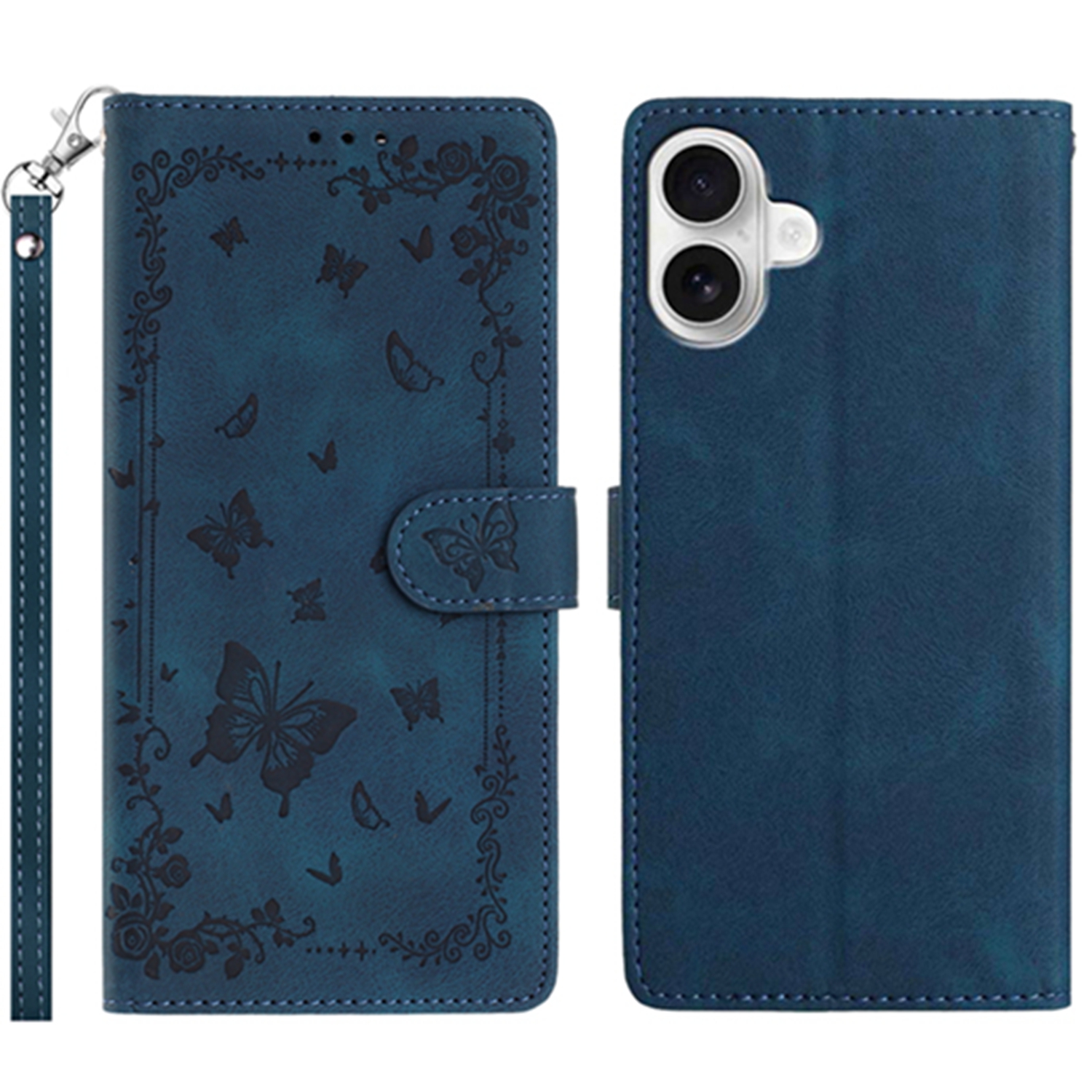 For iPhone 16 Plus Case Garden Imprinted PU Leather Wallet Phone Cover with Wrist Strap - Dark Blue