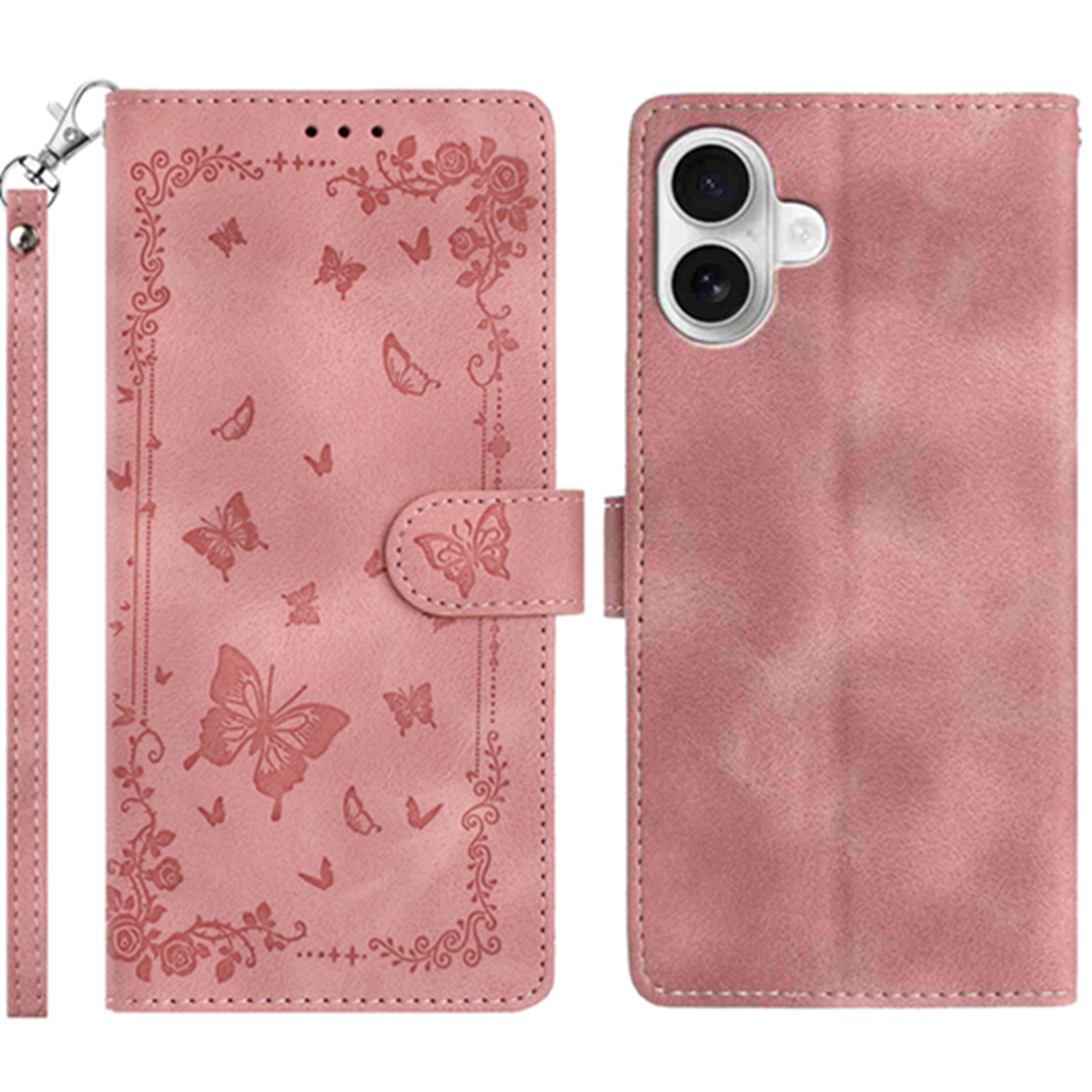 For iPhone 16 Case Garden Imprinted PU Leather Wallet Phone Cover with Wrist Strap - Pink