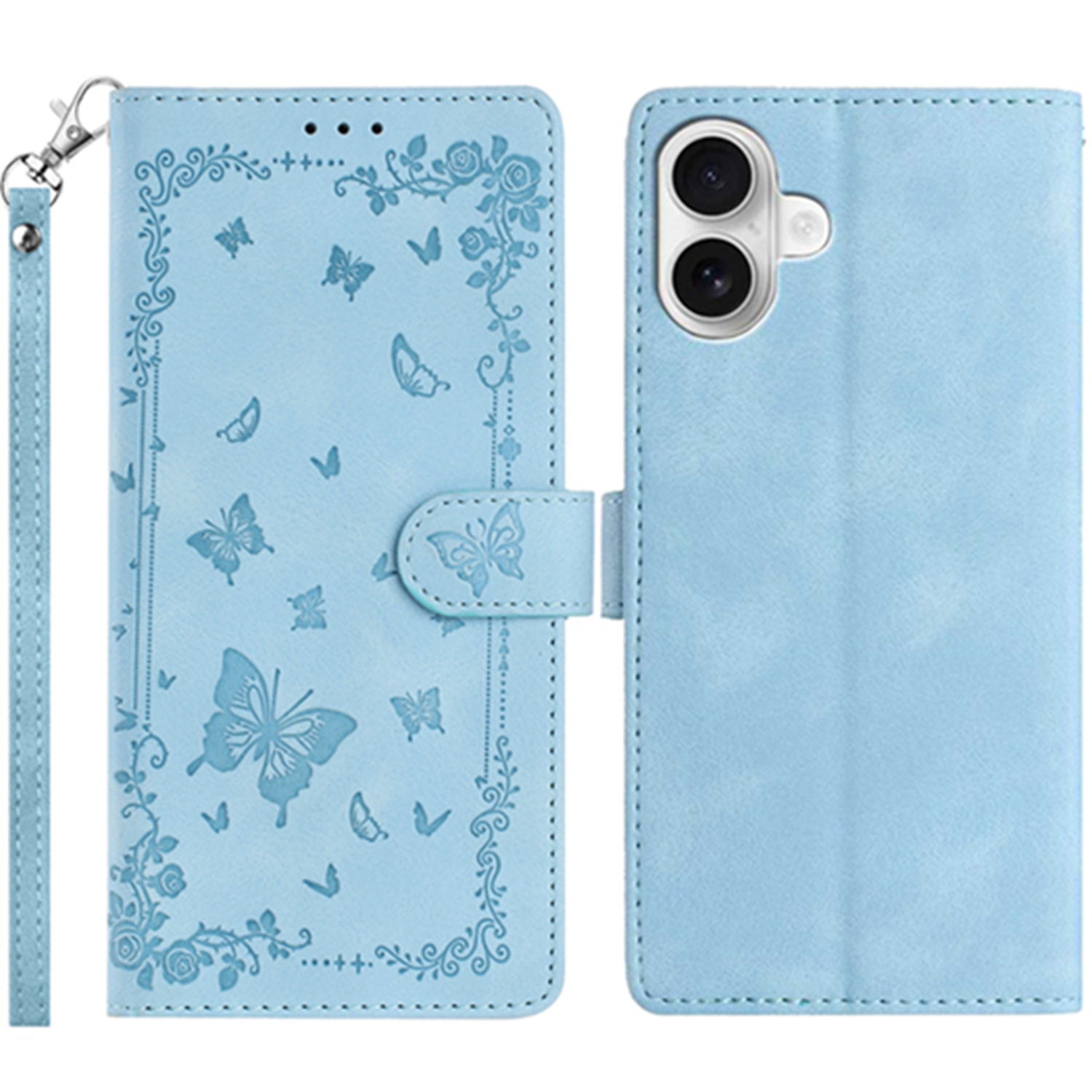 For iPhone 16 Case Garden Imprinted PU Leather Wallet Phone Cover with Wrist Strap - Baby Blue