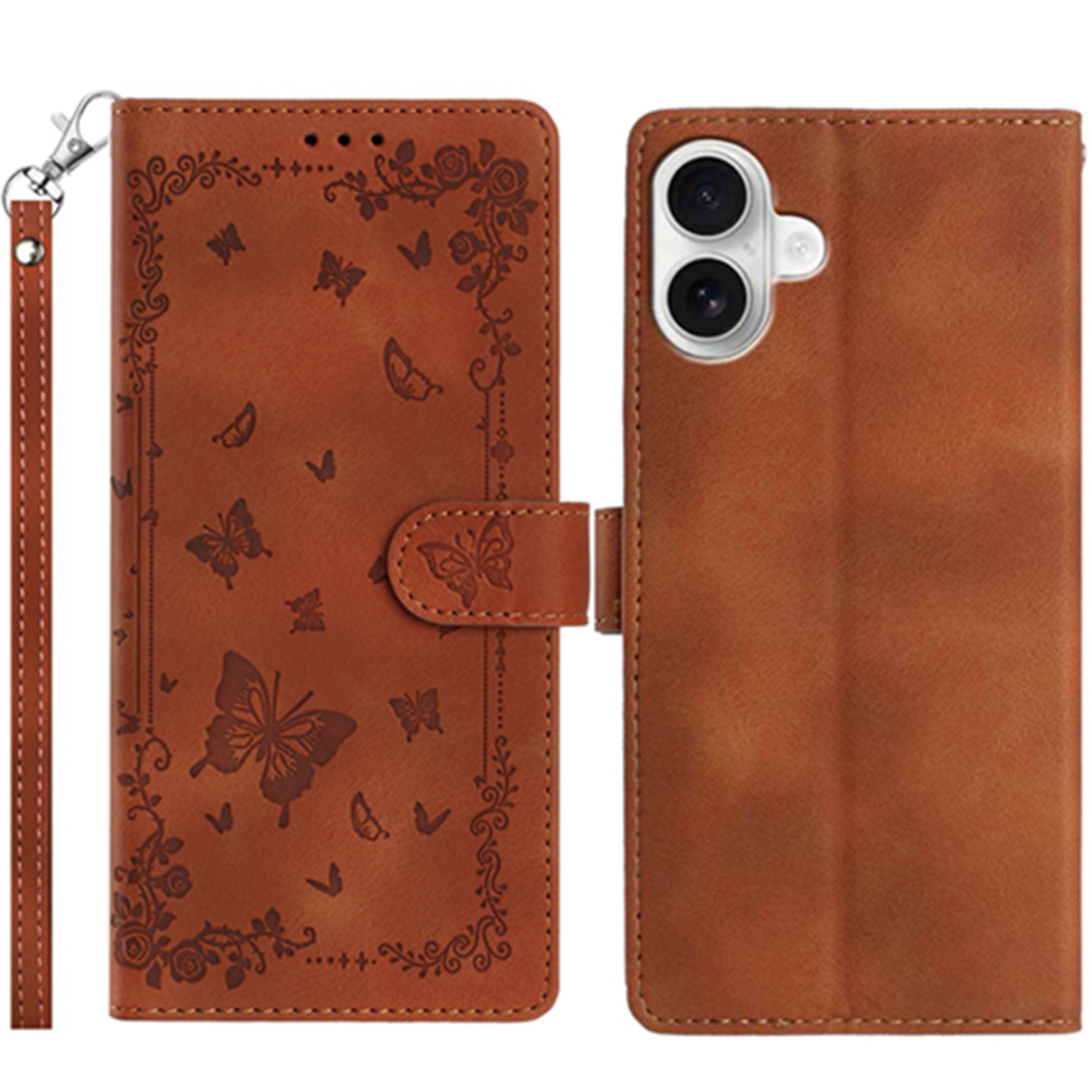 For iPhone 16 Case Garden Imprinted PU Leather Wallet Phone Cover with Wrist Strap - Brown