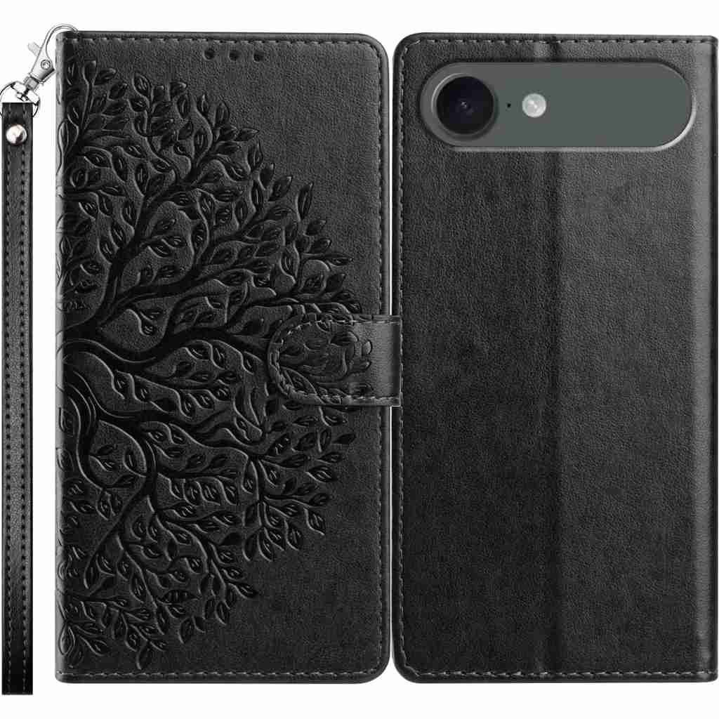 For iPhone Air Leather Case Tree Imprint Wallet Stand Folio Phone Cover with Wrist Strap - Black