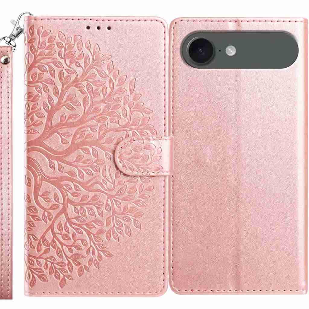 For iPhone Air Leather Case Tree Imprint Wallet Stand Folio Phone Cover with Wrist Strap - Pink