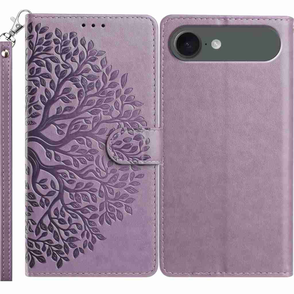 For iPhone Air Leather Case Tree Imprint Wallet Stand Folio Phone Cover with Wrist Strap - Purple