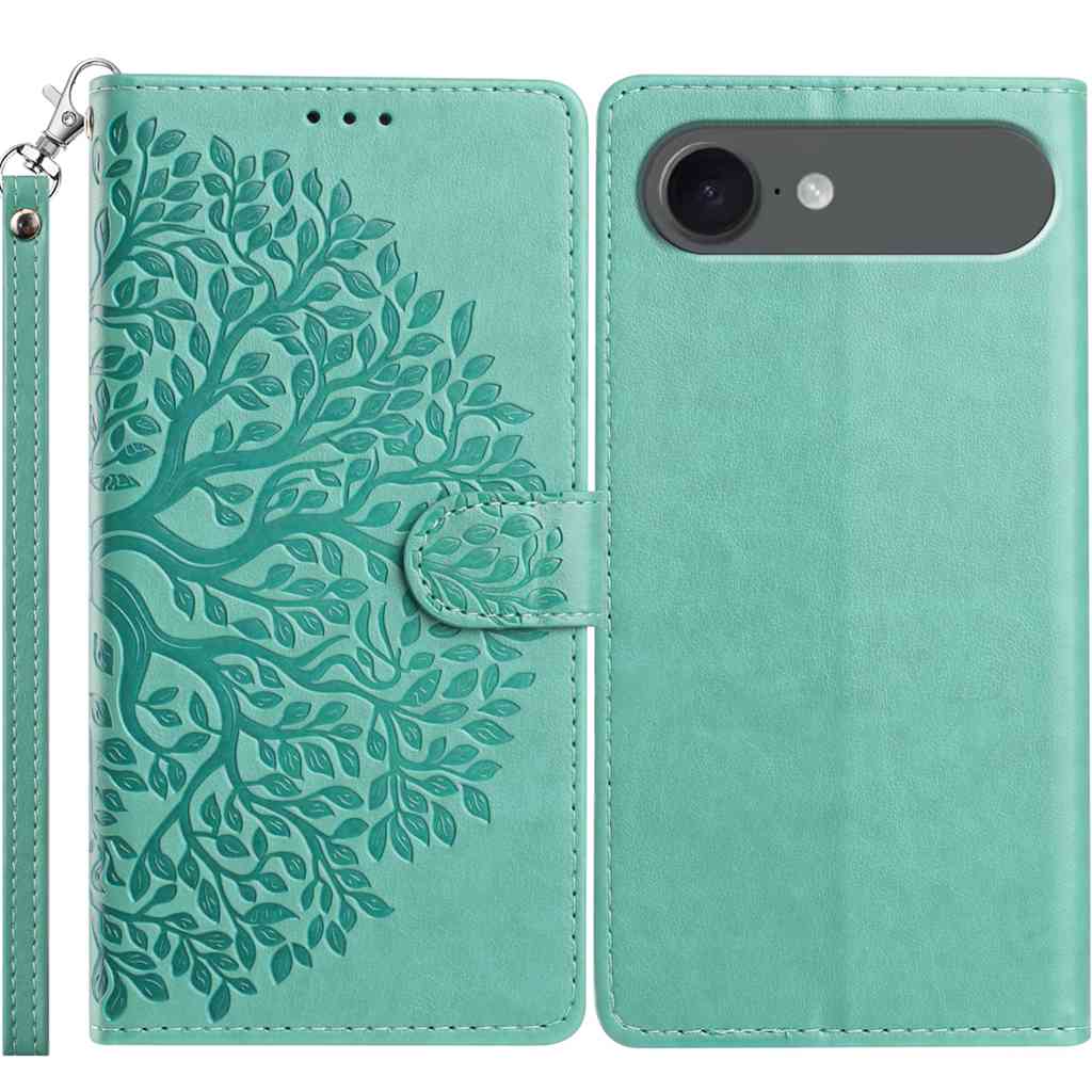 For iPhone Air Leather Case Tree Imprint Wallet Stand Folio Phone Cover with Wrist Strap - Green