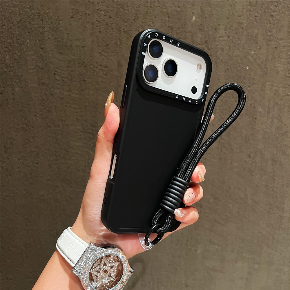 For iPhone 17 Pro Max Case Black Lens Frame Metal Paint Finish PC + TPU Phone Back Cover with Wrist Strap - Black
