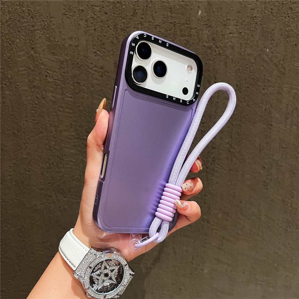 For iPhone 17 Pro Max Case Black Lens Frame Metal Paint Finish PC + TPU Phone Back Cover with Wrist Strap - Purple