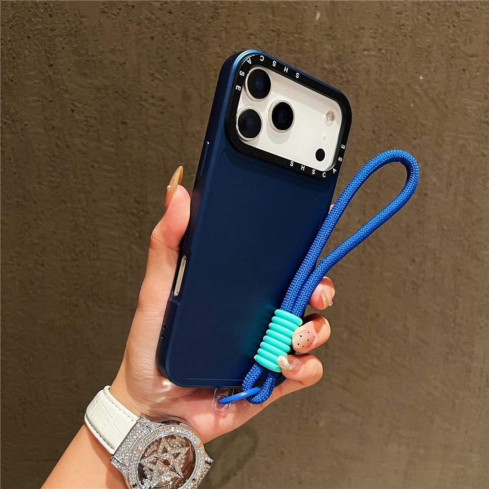 For iPhone 17 Pro Max Case Black Lens Frame Metal Paint Finish PC + TPU Phone Back Cover with Wrist Strap - Blue