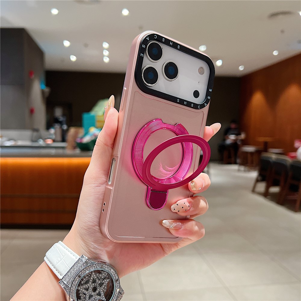 For iPhone 17 Pro Magnetic Case Kickstand Black Lens Frame Metal Paint Finish PC TPU Phone Back Cover - Rose Gold