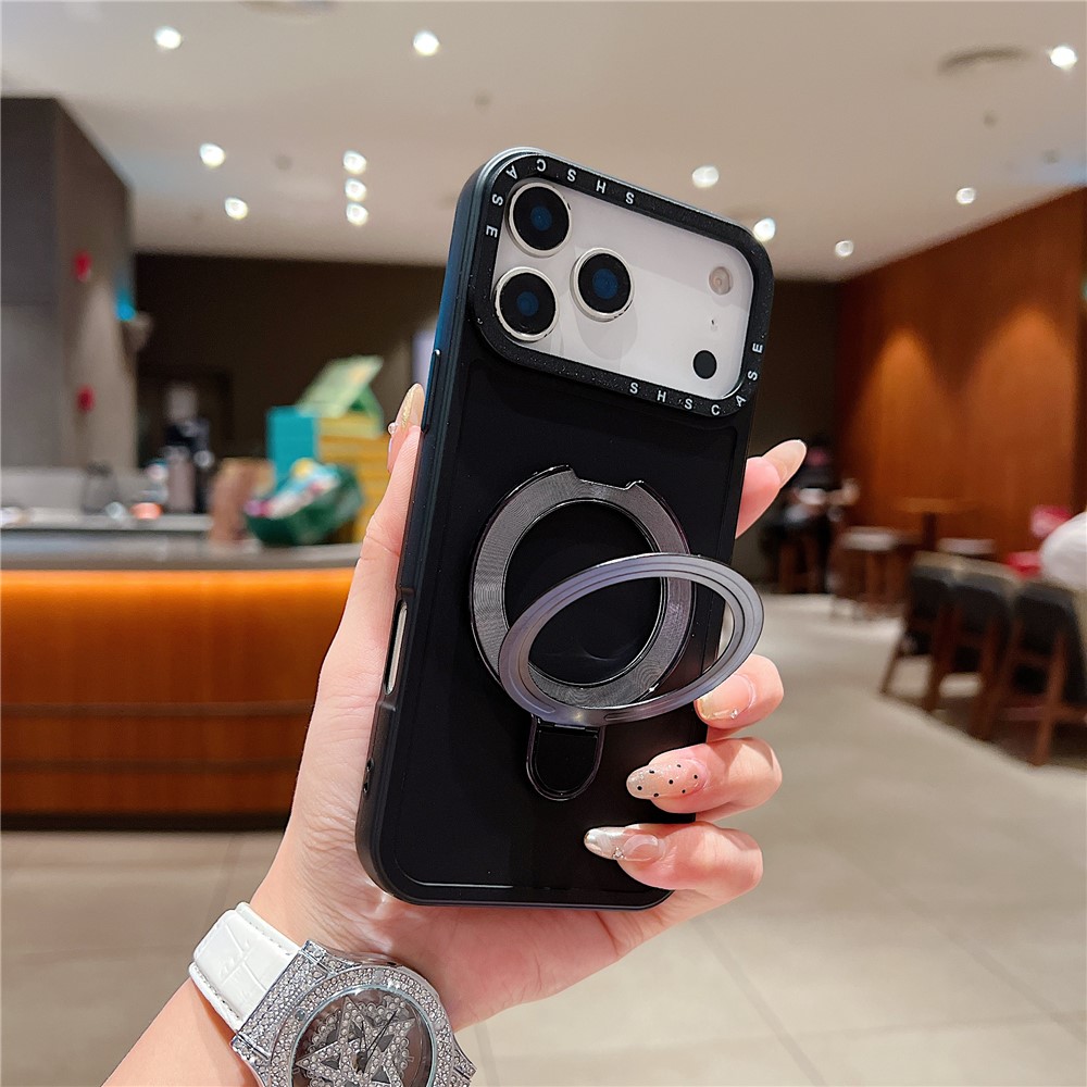 For iPhone 17 Pro Magnetic Case Kickstand Black Lens Frame Metal Paint Finish PC TPU Phone Back Cover - Black