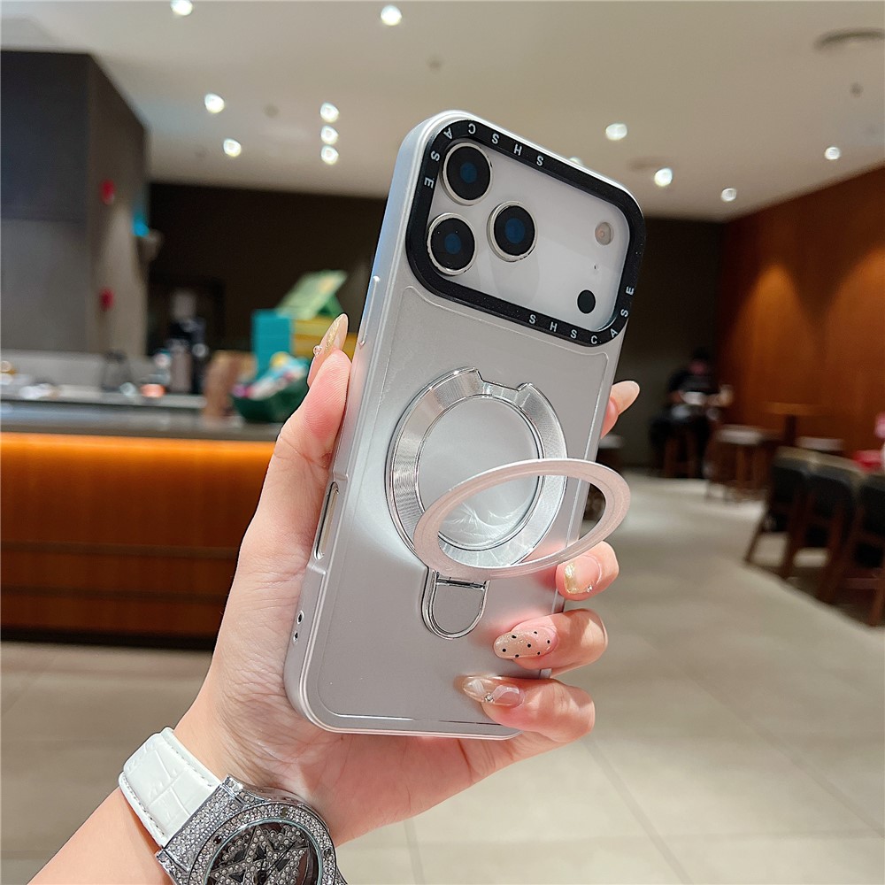For iPhone 17 Pro Magnetic Case Kickstand Black Lens Frame Metal Paint Finish PC TPU Phone Back Cover - Silver