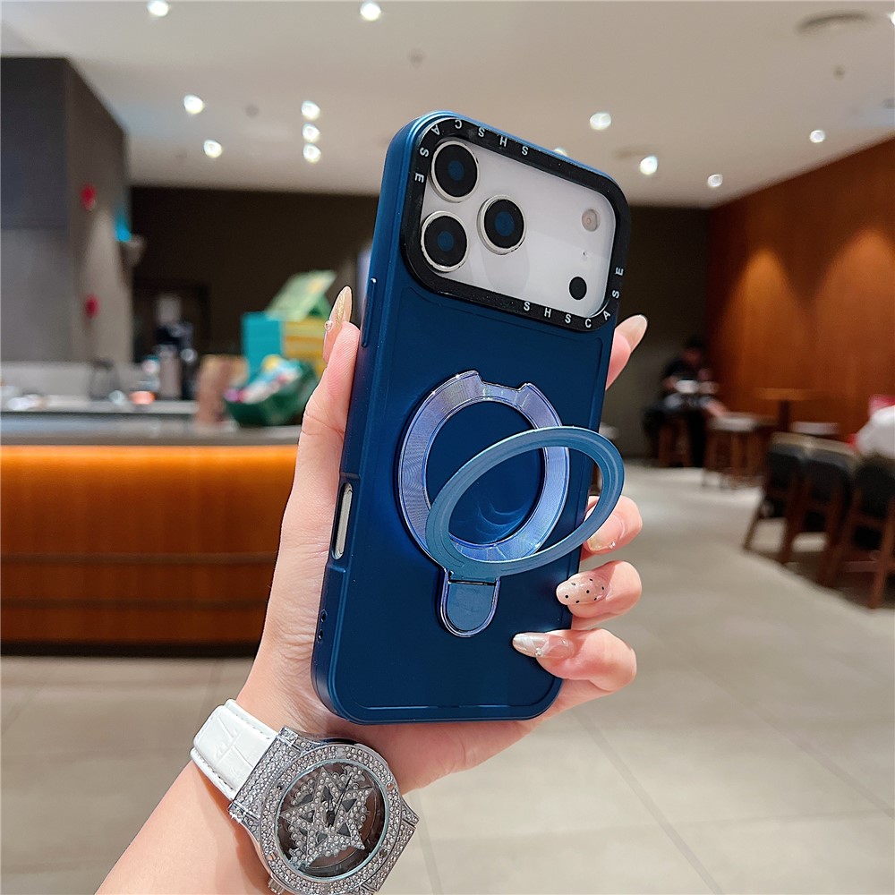 For iPhone 17 Pro Max Magnetic Case Kickstand Black Lens Frame Metal Paint Finish PC TPU Phone Back Cover - Blue
