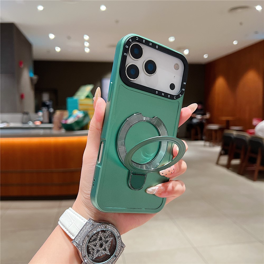 For iPhone 17 Pro Max Magnetic Case Kickstand Black Lens Frame Metal Paint Finish PC TPU Phone Back Cover - Green
