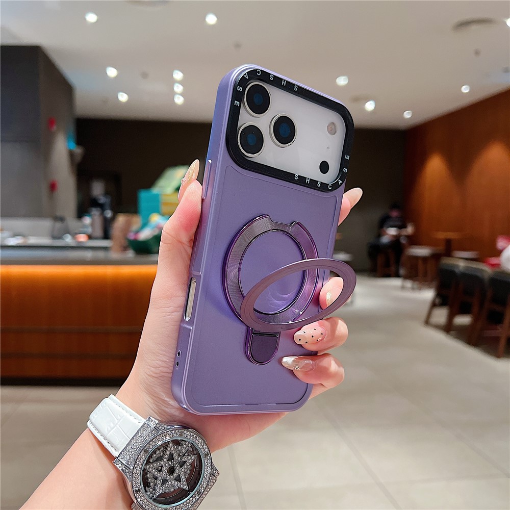 For iPhone 17 Pro Max Magnetic Case Kickstand Black Lens Frame Metal Paint Finish PC TPU Phone Back Cover - Purple