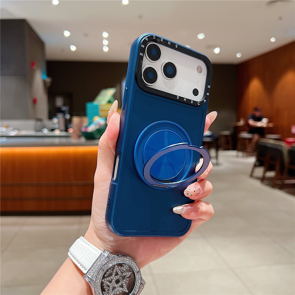 For iPhone 17 Pro Magnetic Case Rotating Kickstand Black Lens Frame Metal Paint Finish PC TPU Phone Cover - Blue