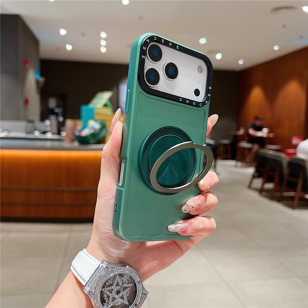 For iPhone 17 Pro Magnetic Case Rotating Kickstand Black Lens Frame Metal Paint Finish PC TPU Phone Cover - Green