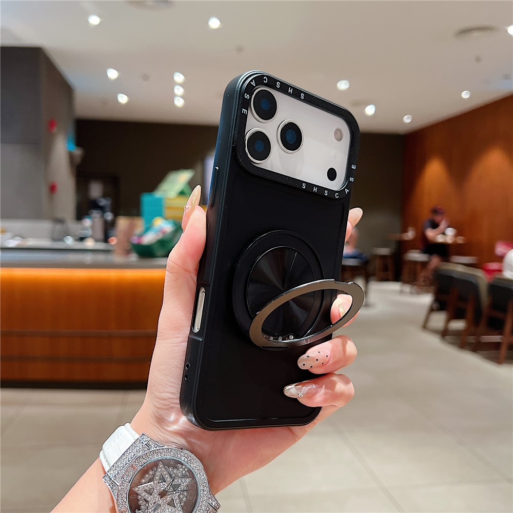 For iPhone 17 Pro Magnetic Case Rotating Kickstand Black Lens Frame Metal Paint Finish PC TPU Phone Cover - Black