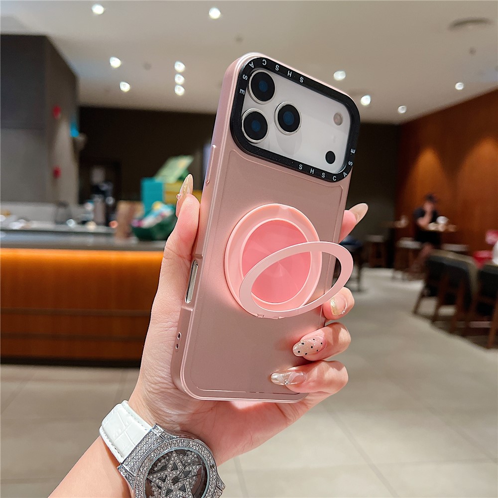 For iPhone 17 Pro Max Magnetic Case Rotating Kickstand Black Lens Frame Metal Paint Finish PC TPU Phone Cover - Rose Gold