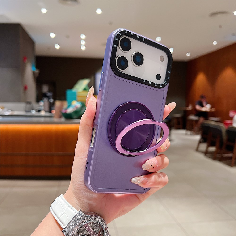 For iPhone 17 Pro Max Magnetic Case Rotating Kickstand Black Lens Frame Metal Paint Finish PC TPU Phone Cover - Purple