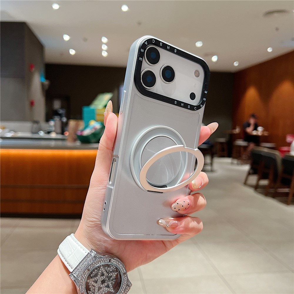 For iPhone 17 Pro Max Magnetic Case Rotating Kickstand Black Lens Frame Metal Paint Finish PC TPU Phone Cover - Silver