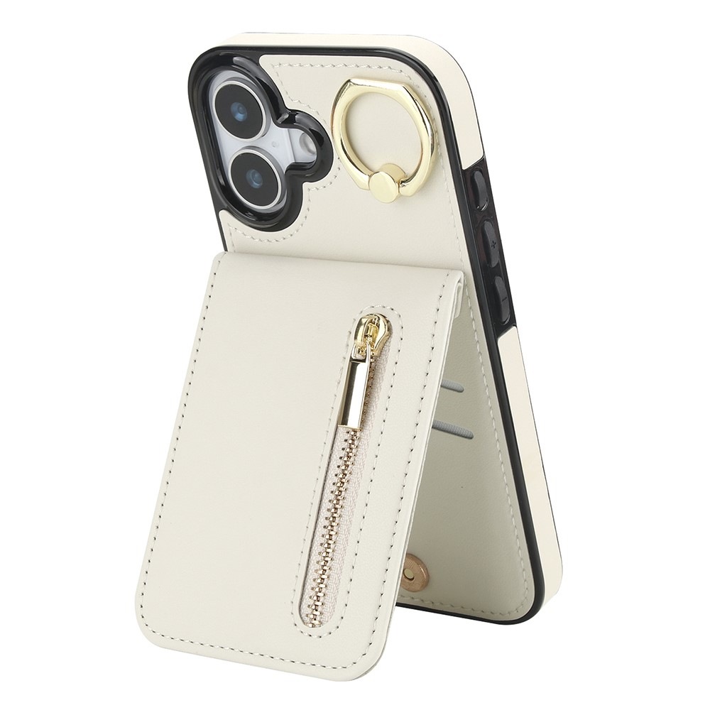 For iPhone 17 Case Zipper RFID Blocking Retro Leather + TPU Phone Cover with Kickstand - White