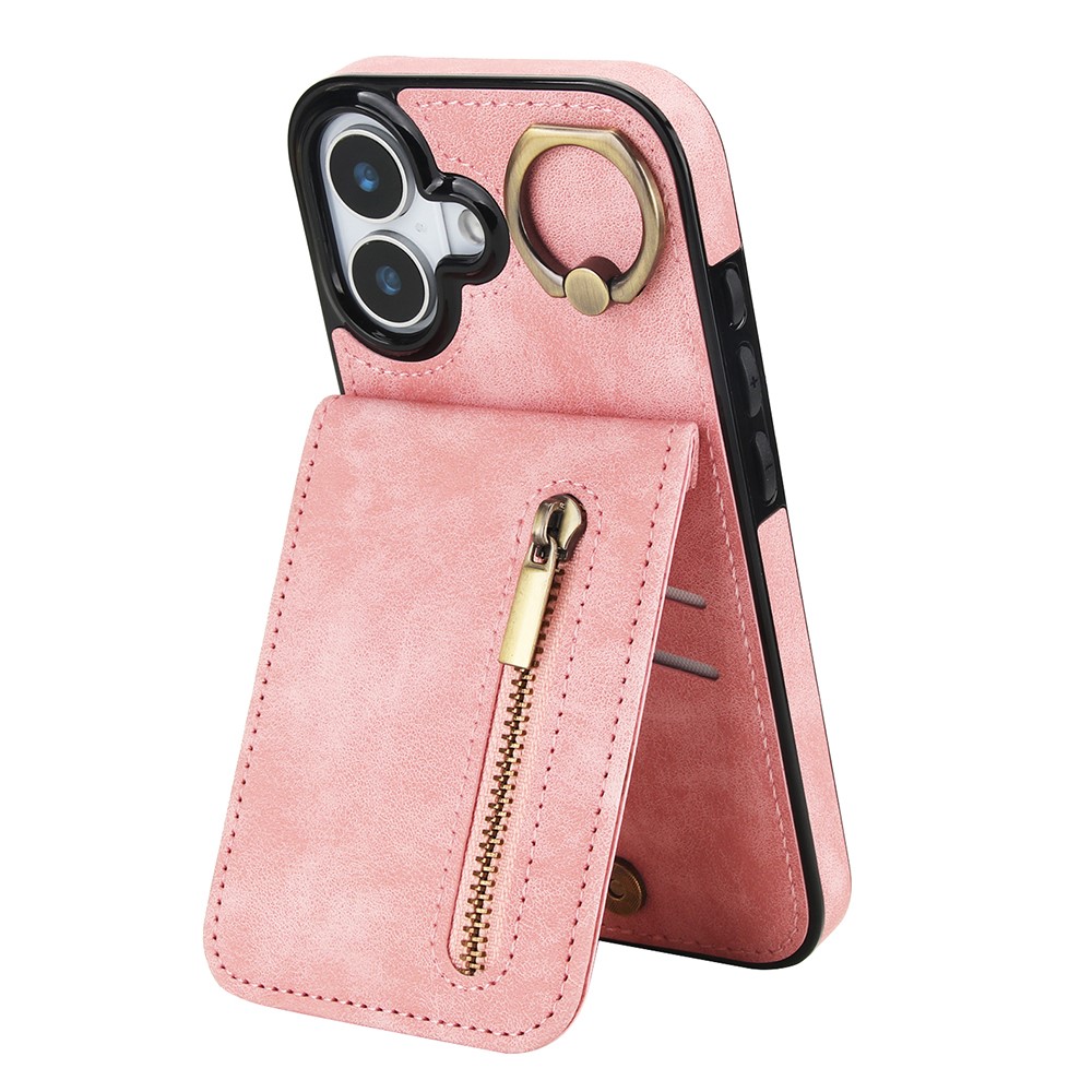 For iPhone 17 Case Zipper RFID Blocking Retro Leather + TPU Phone Cover with Kickstand - Pink