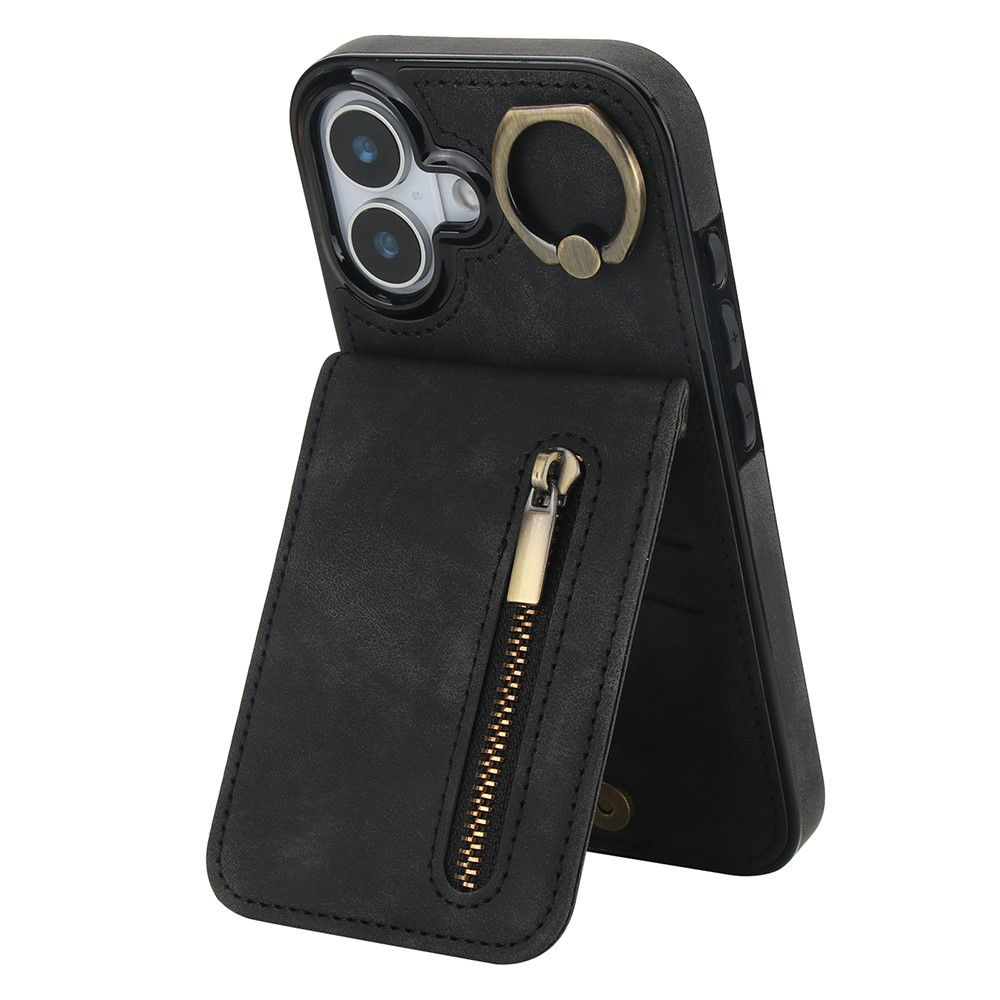 For iPhone 17 Case Zipper RFID Blocking Retro Leather + TPU Phone Cover with Kickstand - Black