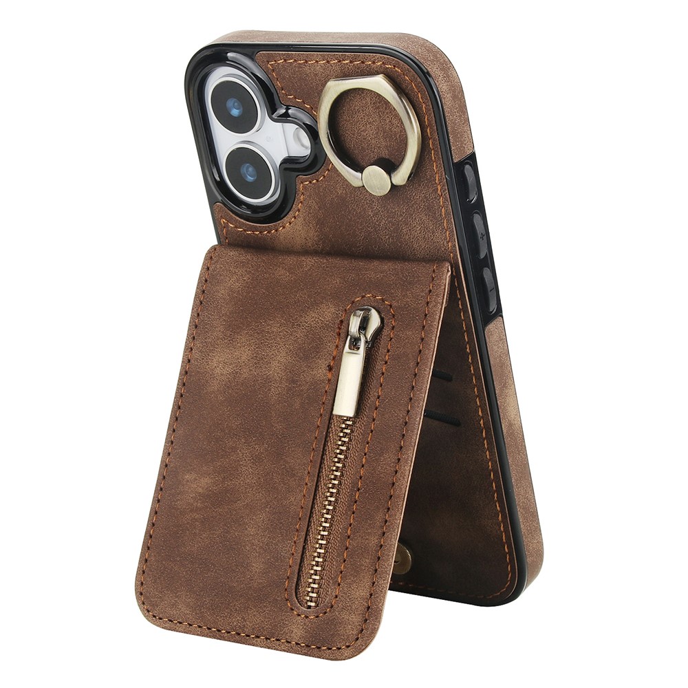 For iPhone 17 Case Zipper RFID Blocking Retro Leather + TPU Phone Cover with Kickstand - Brown