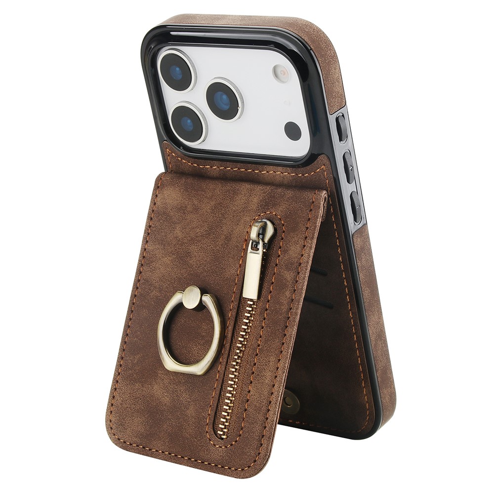 For iPhone 17 Pro Case Zipper RFID Blocking Retro Leather + TPU Phone Cover with Kickstand - Brown