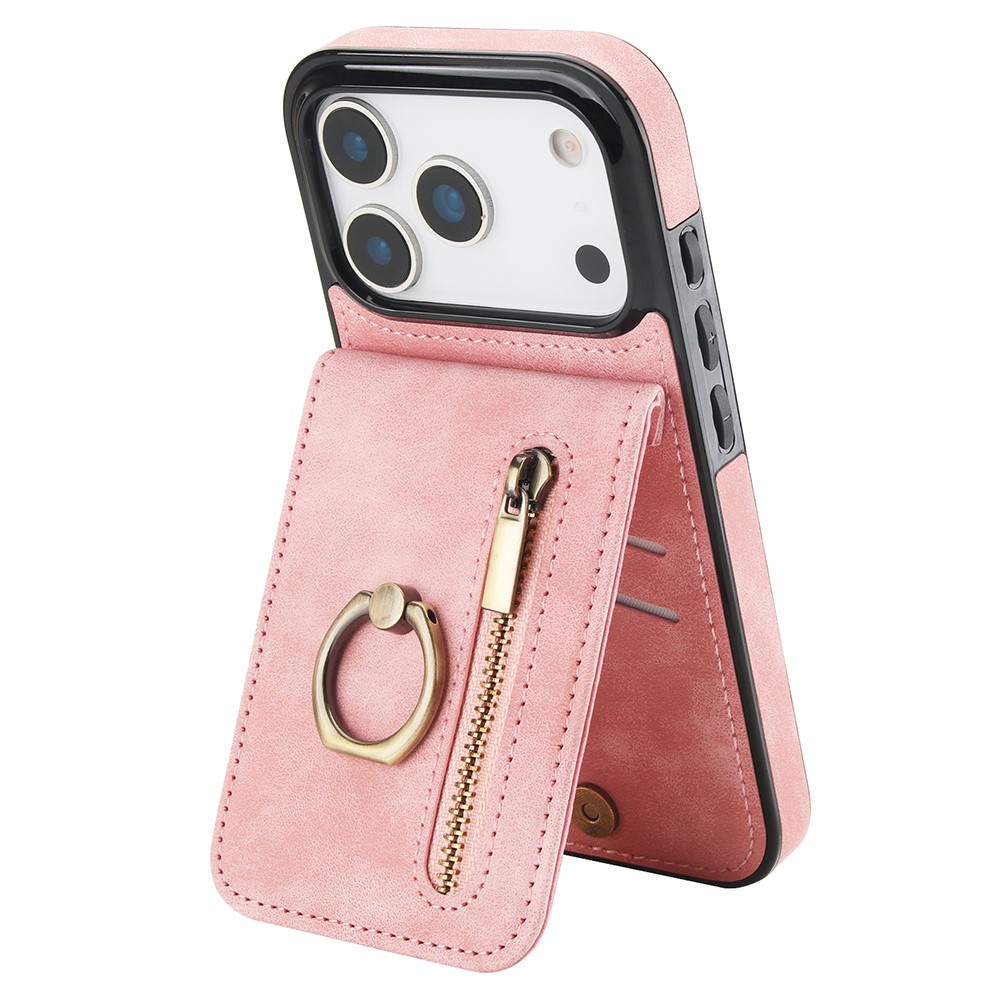 For iPhone 17 Pro Max Case Zipper RFID Blocking Retro Leather + TPU Phone Cover with Kickstand - Pink