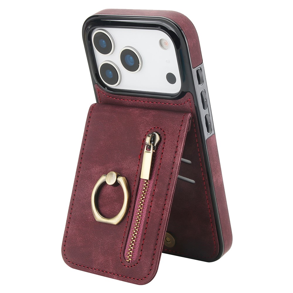 For iPhone 17 Pro Max Case Zipper RFID Blocking Retro Leather + TPU Phone Cover with Kickstand - Wine Red
