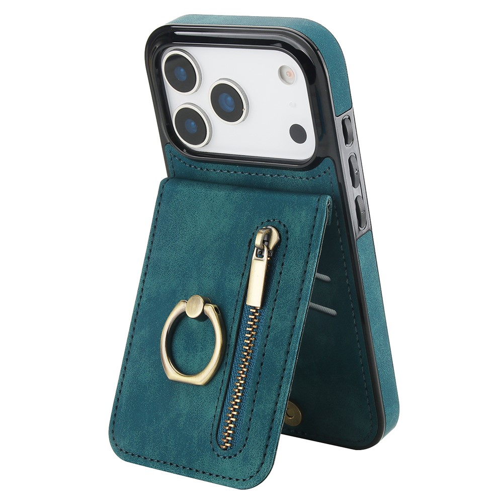 For iPhone 17 Pro Max Case Zipper RFID Blocking Retro Leather + TPU Phone Cover with Kickstand - Green