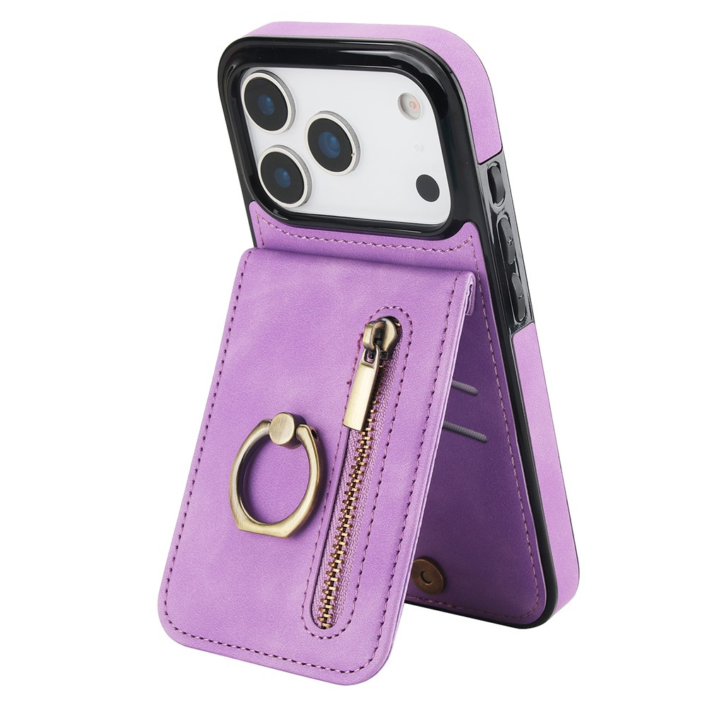 For iPhone 17 Pro Max Case Zipper RFID Blocking Retro Leather + TPU Phone Cover with Kickstand - Purple