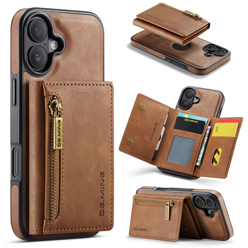 DG.MING M5 Series For iPhone 17 Case Detachable Magnetic Leather Phone Cover with Card Slots - Brown