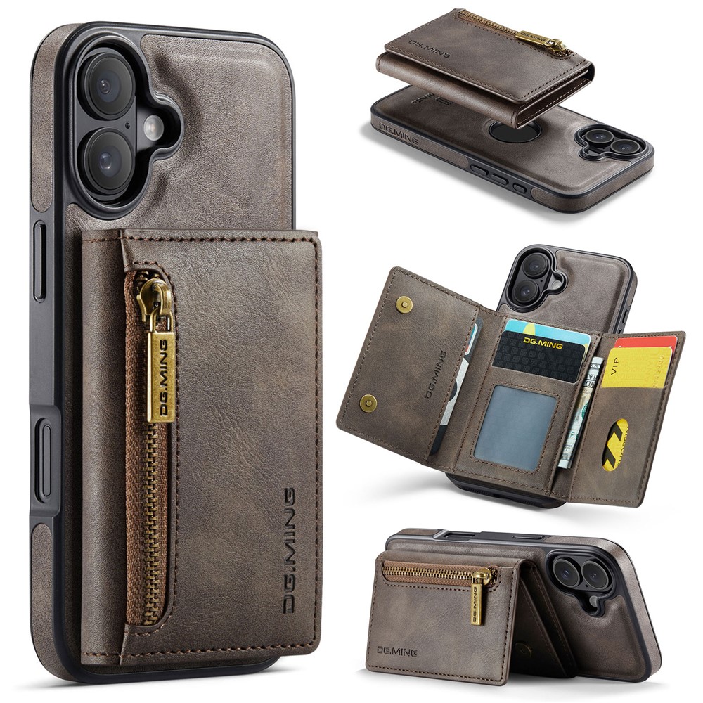DG.MING M5 Series For iPhone 17 Case Detachable Magnetic Leather Phone Cover with Card Slots - Coffee