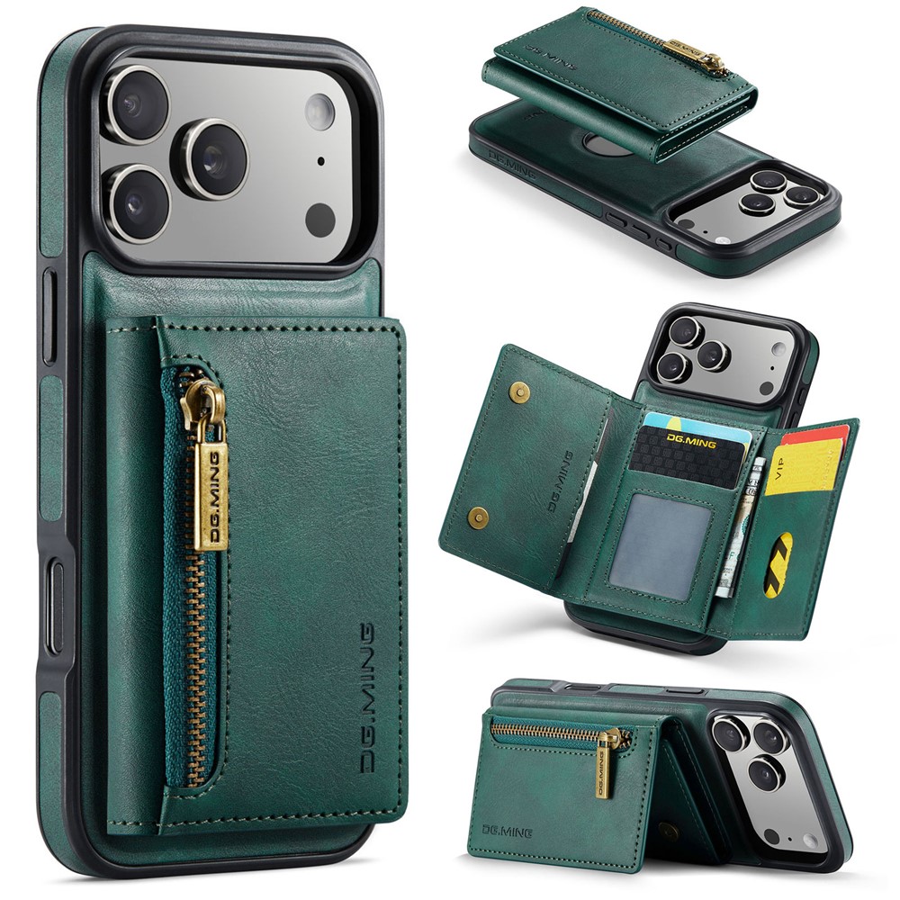 DG.MING M5 Series For iPhone 17 Pro Case Detachable Magnetic Leather Phone Cover with Card Slots - Green